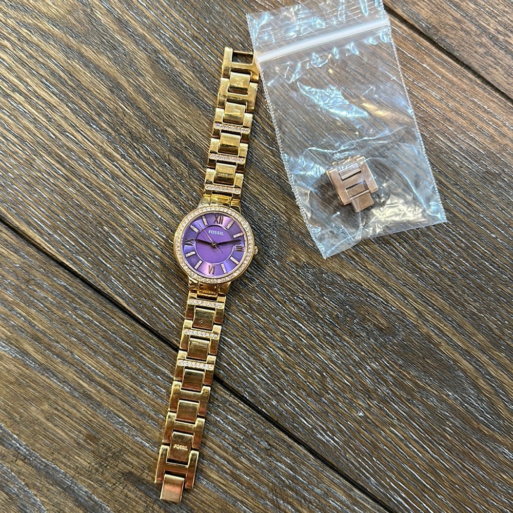 Rose gold/purple rhinestone Fossil watch